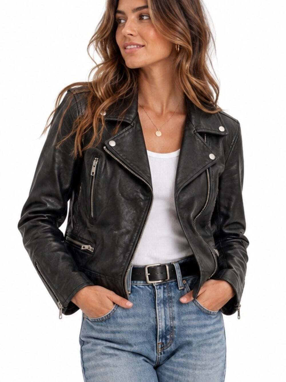 Black Leather Moto Jacket S Asym Zip Biker Current Air Zip Cuffs Paisley Lining
